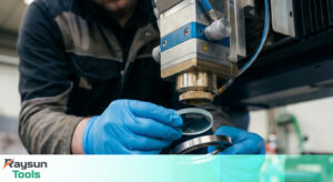 اپراتور در حال بررسی کیفیت قطعات پس از خواندن 5 نکته طلایی خرید شیشه محافظ دستگاه لیزر فایبر